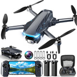Foldable GPS drone with 2K camera, four propellers, controller, batteries, carry case