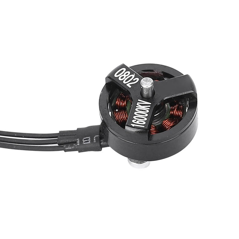 Black brushless drone motor, 0802 label, exposed copper windings and wire leads