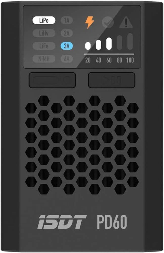 ISDT PD60S battery balance charger with front display, hex vent, and control buttons