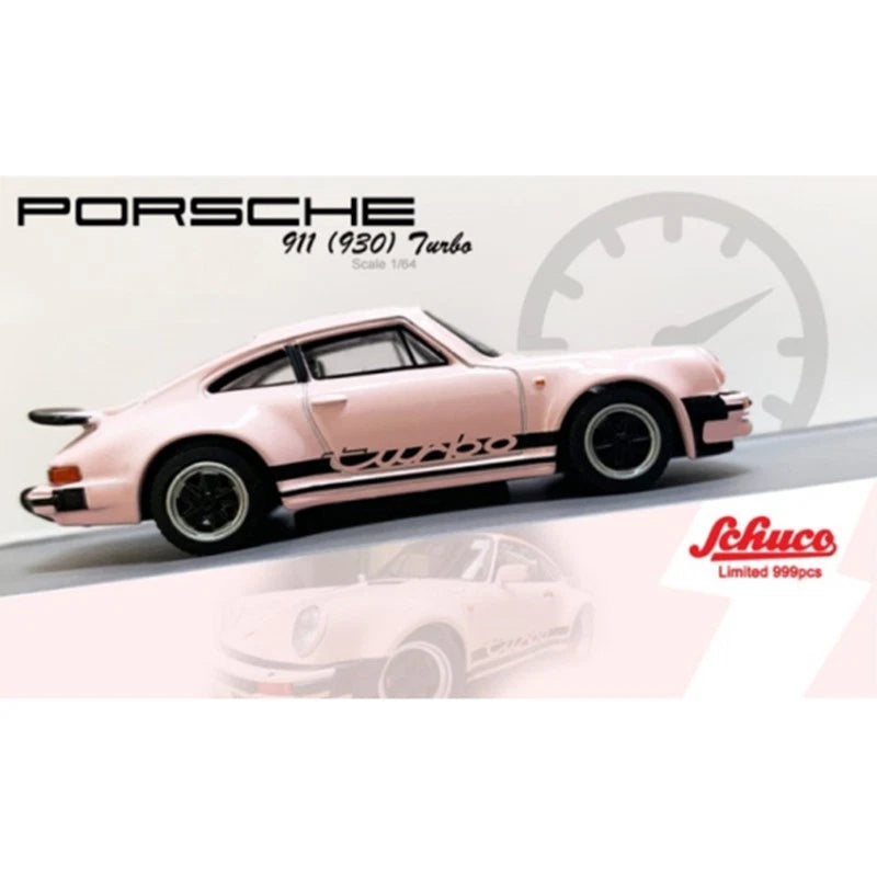 Schuco 1:64 Porsche 911 930 Turbo Roadster die-cast model, pink with black wheels.