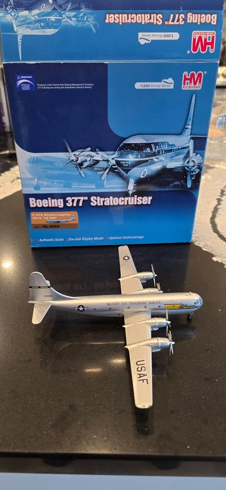 Light blue and white die-cast model airplane on display stand