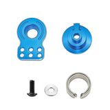 Blue aluminum RC servo arm with mounting holes, screw, washer, and C-clip