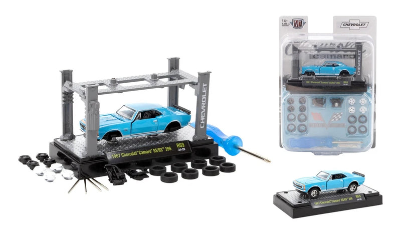 Blue 1967 Chevrolet Camaro model kit with die-cast car and building parts