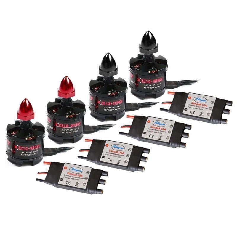 Quadcopter brushless motor and 30A ESC set, four units with black/red housings