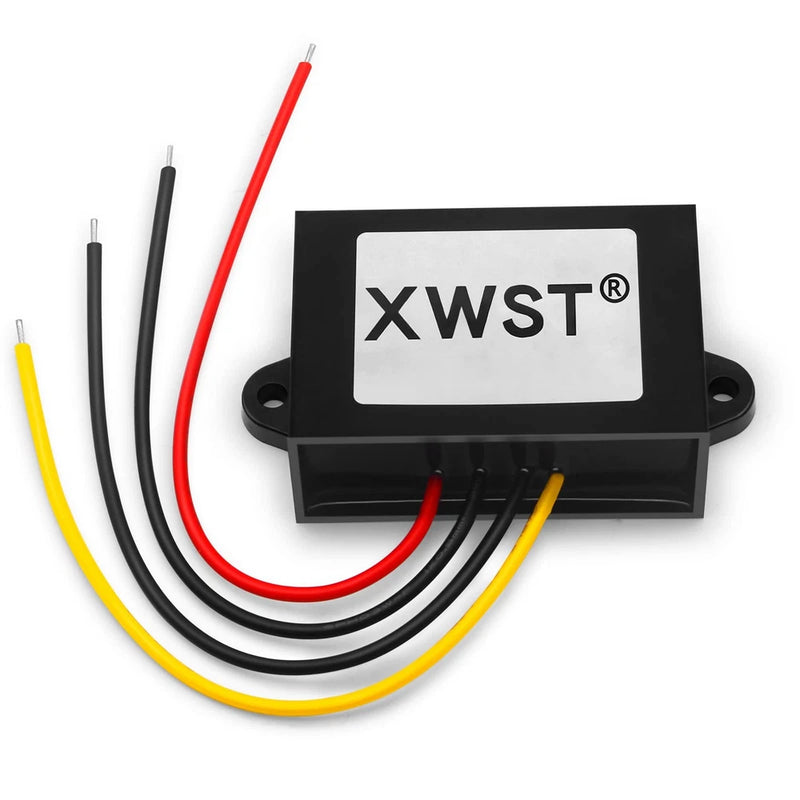 DC-DC buck converter module with XWST label and red, black, yellow, and white wires