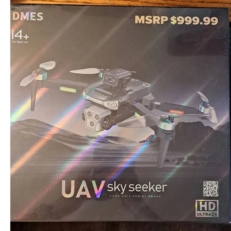 Four-axis drone with camera, gray body, four propellers and LED lights