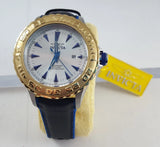 Men's Invicta Pro Diver watch with gold bezel, white-blue dial, and blue leather strap