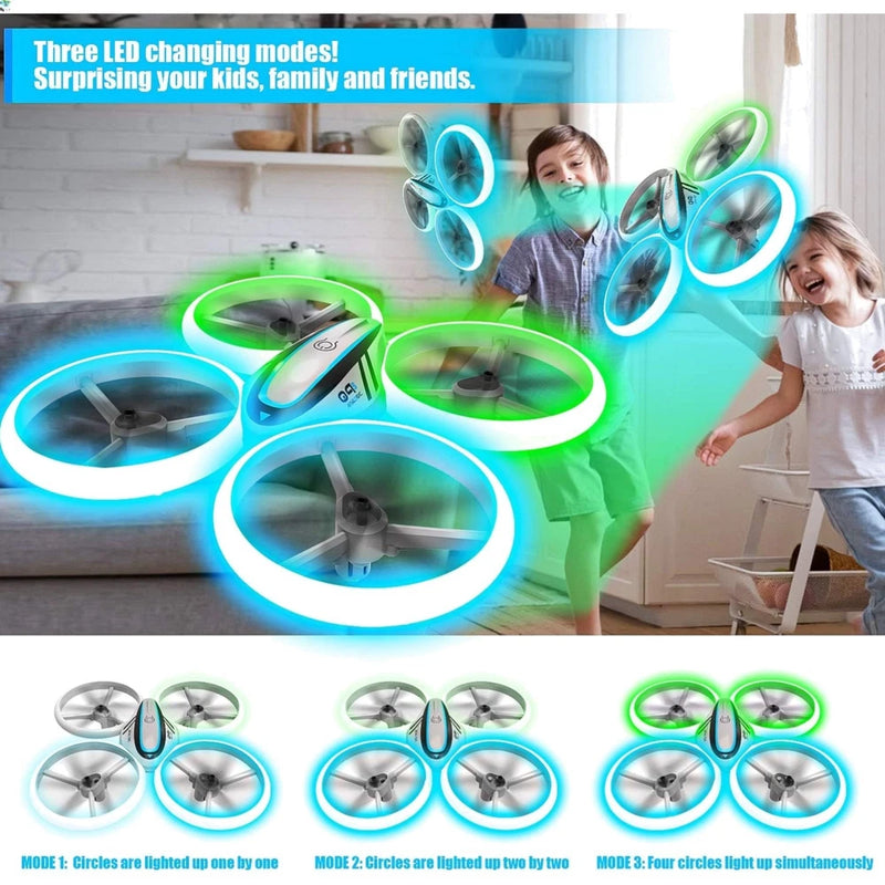 Green quadcopter drone with bright LED rings, four spinning propellers in view
