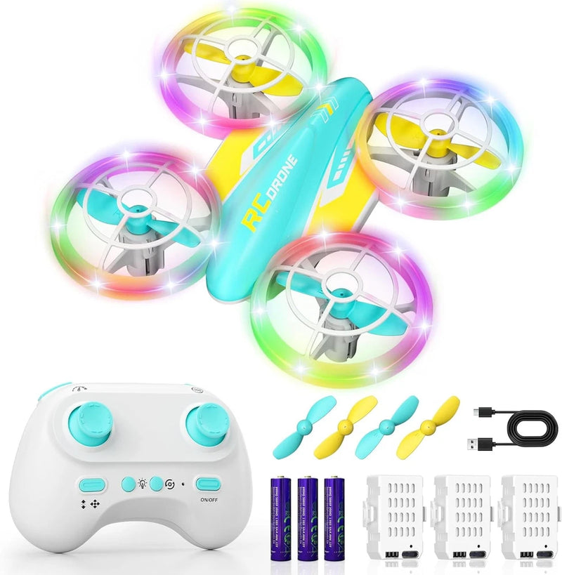 Kids LED RC drone, blue and yellow, glowing rotors with controller
