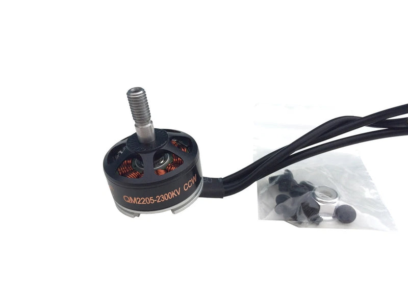CCW brushless quad drone motor with three wires and mounting screws, black and silver