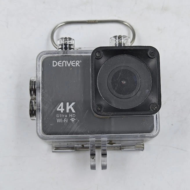 Dark Denver action camera in clear waterproof case with 4K Wi-Fi labels
