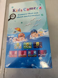 Kids waterproof underwater camera retail box, blue package with camera photos and ocean graphics