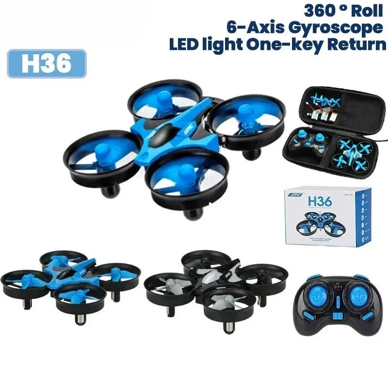 Mini blue LED RC quadcopter drone with 4-channel controller and carry case