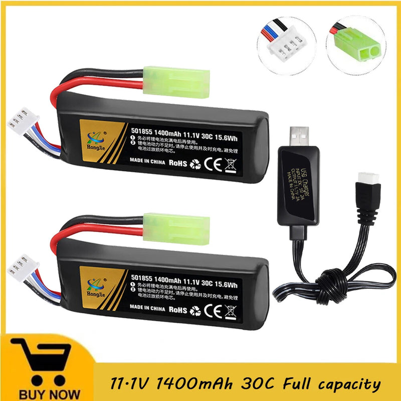 2Pcs 11.1V 1400mAh 30C LiPo Battery with Mini Tamiya Plug +USB cable for Airsoft