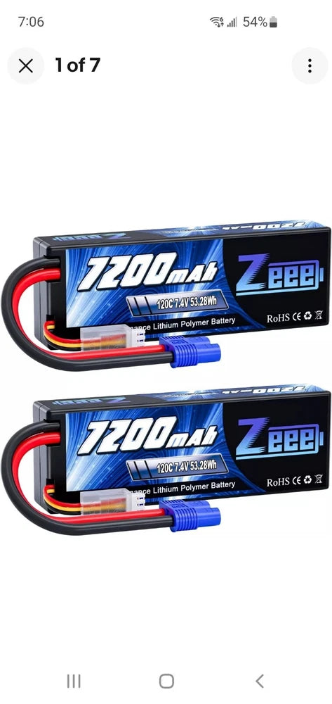 2S Lipo Battery 7200Mah 7.4V 120C Hard Case RC Battery W/EC3 (2 Pack) FREE SHIP