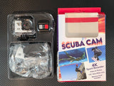 Waterproof action camera in protective case with 4K lens and mounting accessories