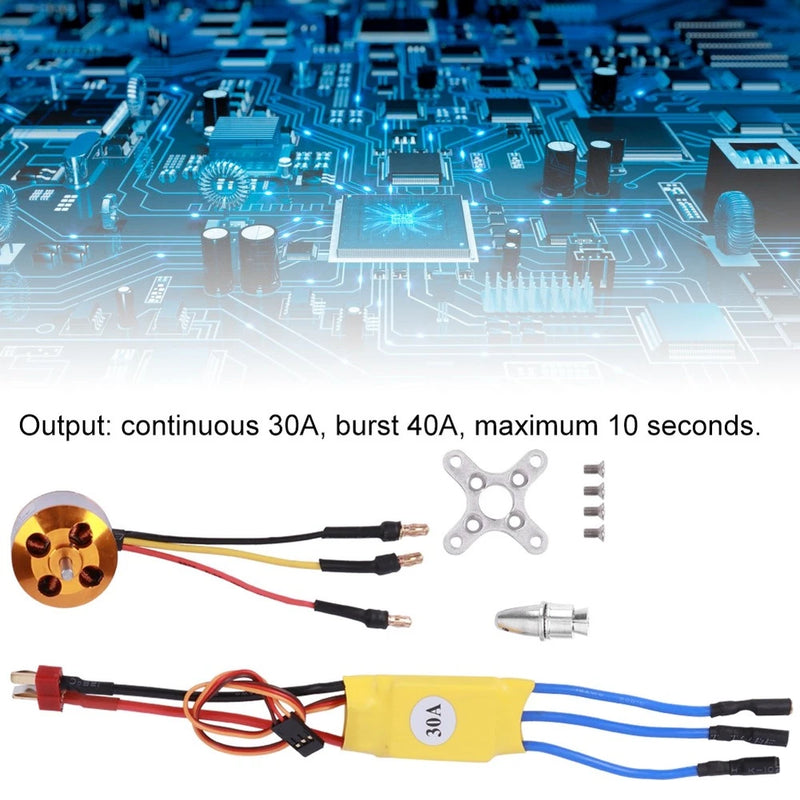 30A brushless motor ESC with wiring harness, connectors, and outputs rated 30A continuous/40A burst