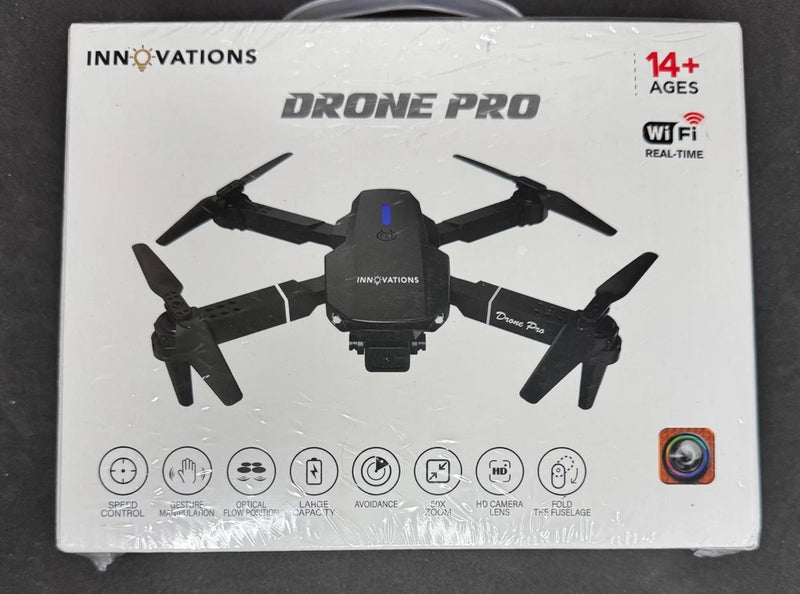Boxed RC drone Pro with HD WiFi camera, shown in black quadcopter design