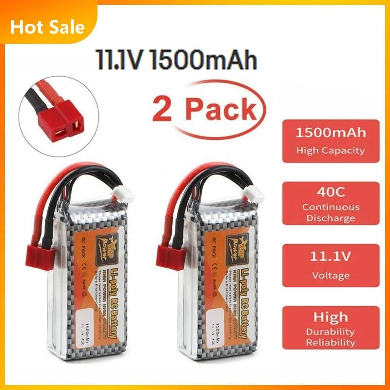 2x 11.1V 3S 1500mAh LiPo Battery 40C Deans T Plug for RC Car Airplane Helicopter
