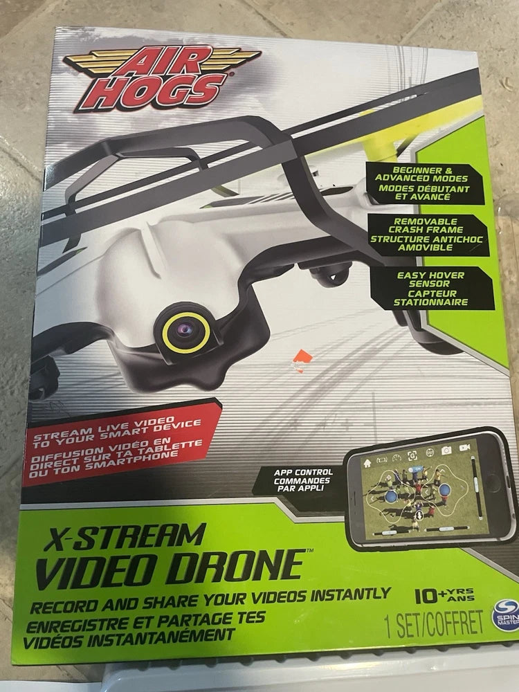 Air Hogs X-Stream video drone retail box with controller app screen and logo