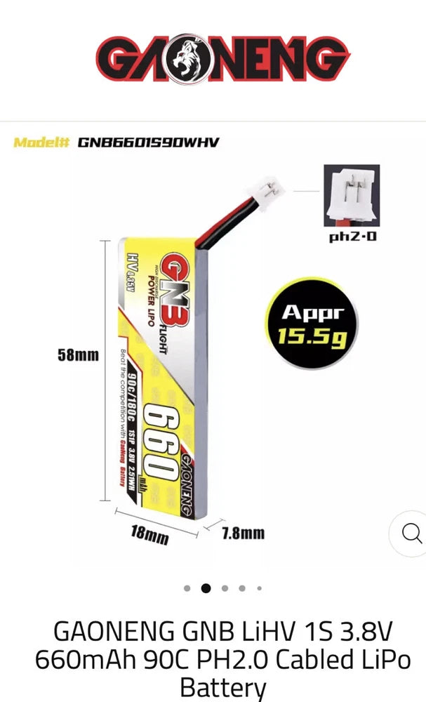 GNB GAONENG Battery 1s 660mah 90c/180c JST 2.0 lipo battery 5 Pieces Battery