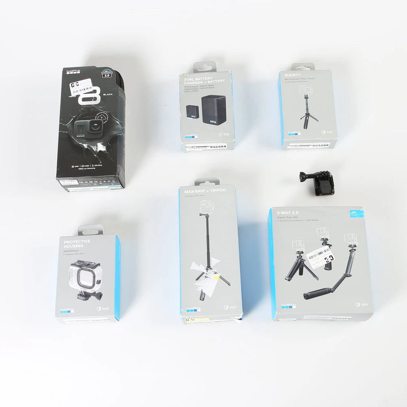 GoPro action camera selfie bundle boxes and black mount accessory