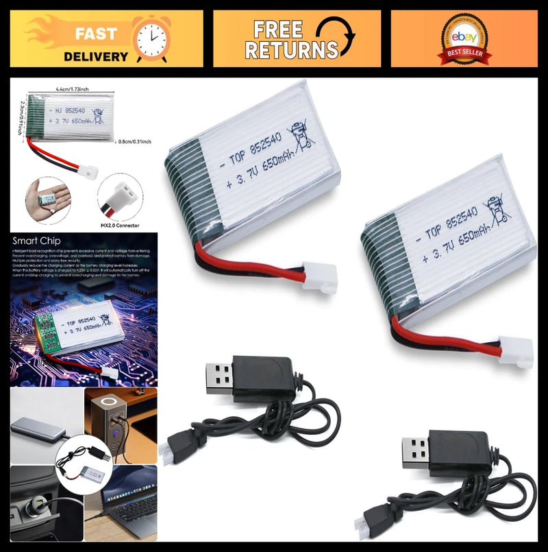 Two rechargeable 3.7V LiPo drone batteries with red leads and USB charger cables