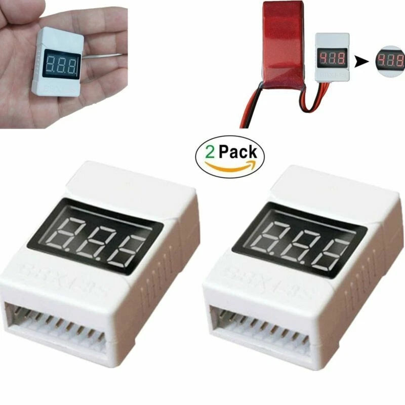 2X RC Lipo Battery Low Voltage Alarm Tester 1S-8S Buzzer LED Volt Meter Portable