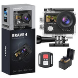 AKASO Brave 4 action camera in clear waterproof housing with mounted lens and accessory remote