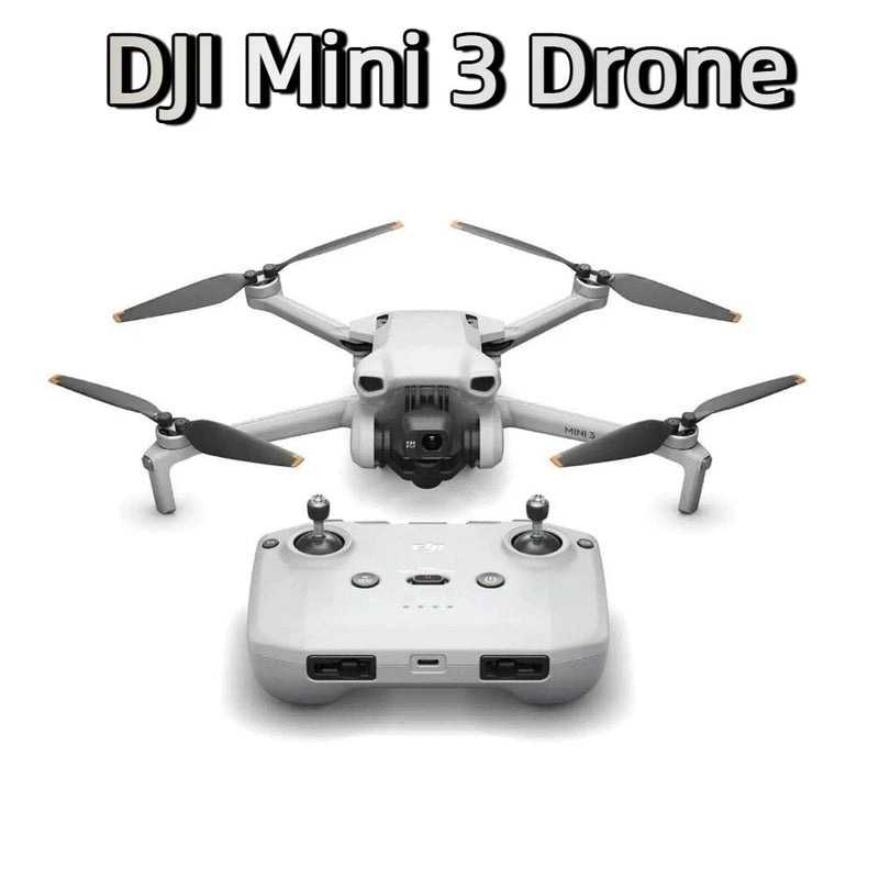 DJI Mini 3 camera drone with white controller, four propeller arms, front camera