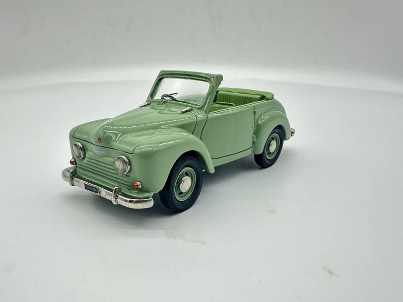 Green open-top convertible model car with chrome front bumper, 1:43 scale