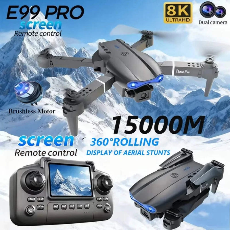 Gray quadcopter drone with four rotors and handheld remote controller screen