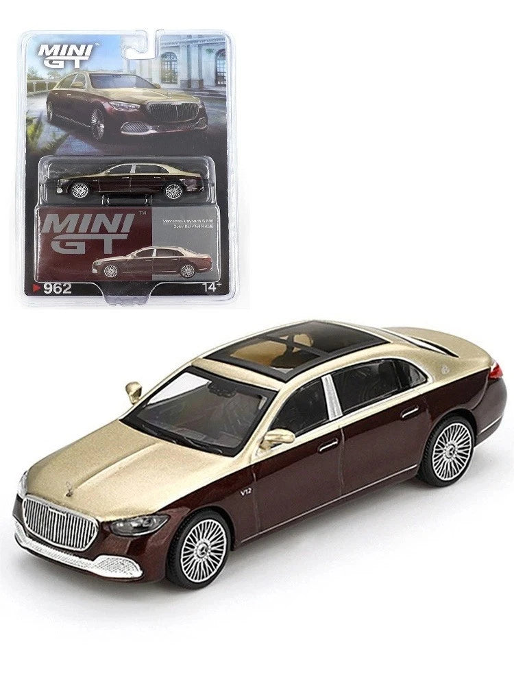 1:64 Mercedes-Maybach S680 model car, two-tone gold and dark red, detailed wheels