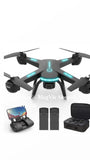 Quadcopter drone kit with 1080p camera, remote, two batteries, and case