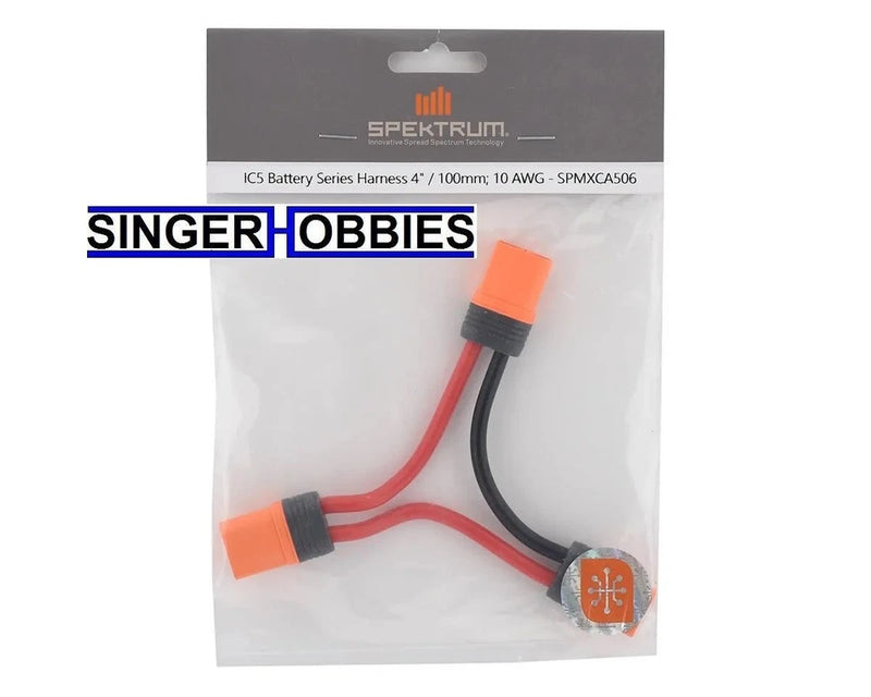 Battery series harness with red and black wires, orange plugs, 4in/100mm, IC5 connector