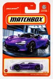 Matchbox die-cast toy car in blister pack, purple McLaren 720S Spider model