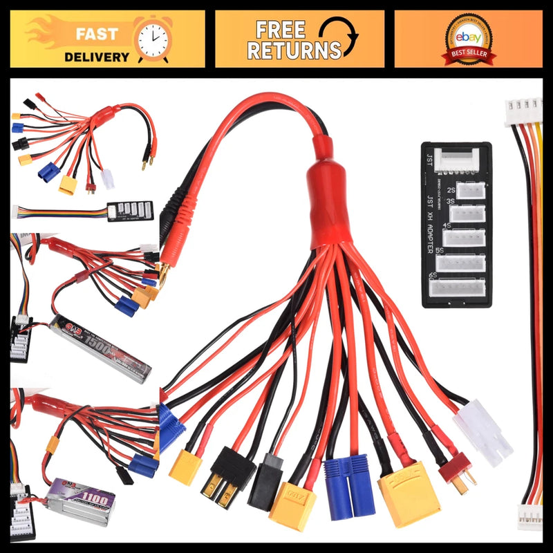 RC LiPo battery adapter splitter cable with red harness and 4.0mm banana plug leads