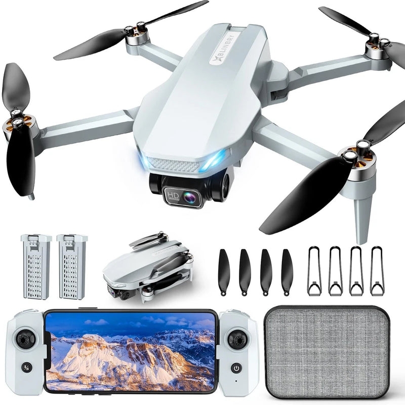White mini camera drone with propellers, remote controller screen, and carry case