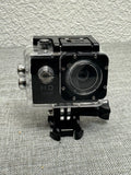 Waterproof action camera in clear housing, front lens and HD 1080P label visible