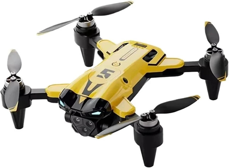Yellow foldable quadcopter drone with four black propellers and front camera