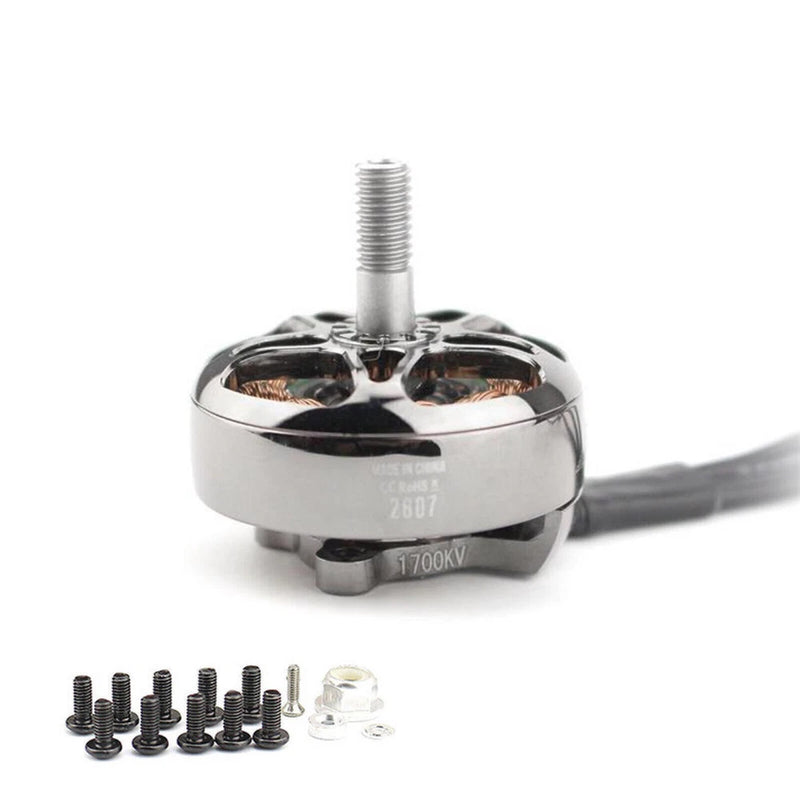 RC drone brushless motor with silver can, central shaft, and mounting screws