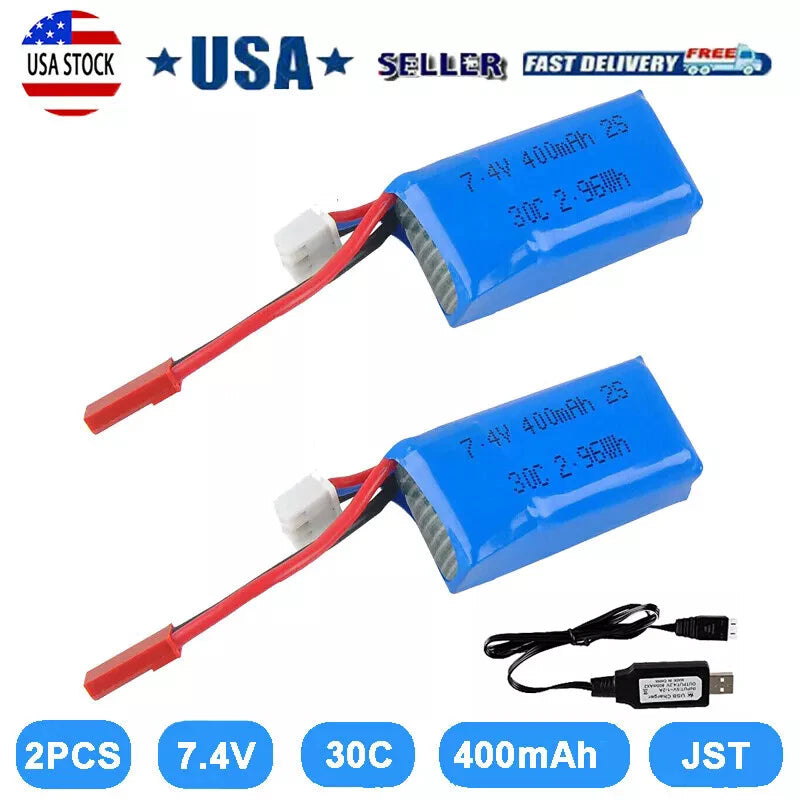 2Pcs 400mAh 2S 7.4V LiPo Battery Pack w/ JST Plug for Micro FPV Drone Quadcopter Battery