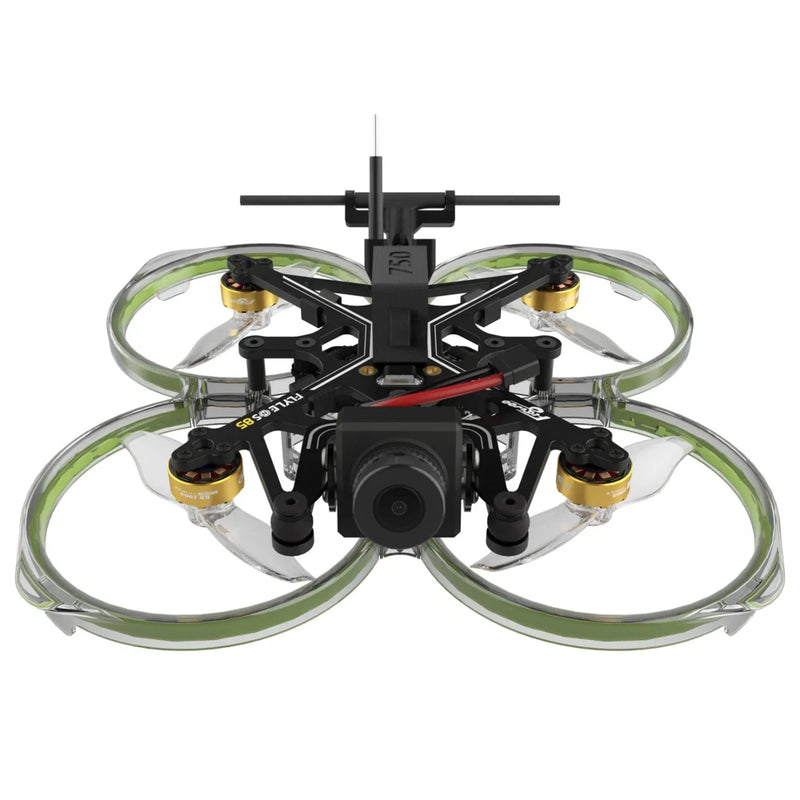 FPV quadcopter drone with central camera and clear prop guards, black frame