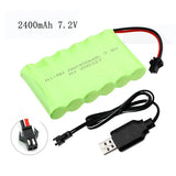 7.2V 2400mAh Ni-MH Battery SM 2Pin Plug for RC Truck Cars Boat With USB charger