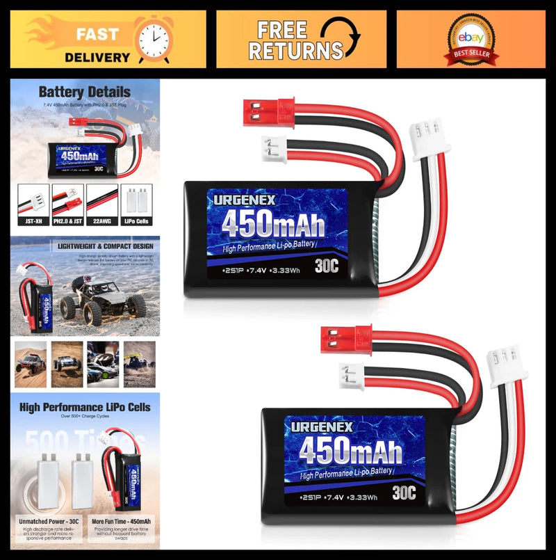 Rechargeable 7.4V 450mAh 2S Lipo Battery 30C for RC Cars, Trucks & Drones Battery
