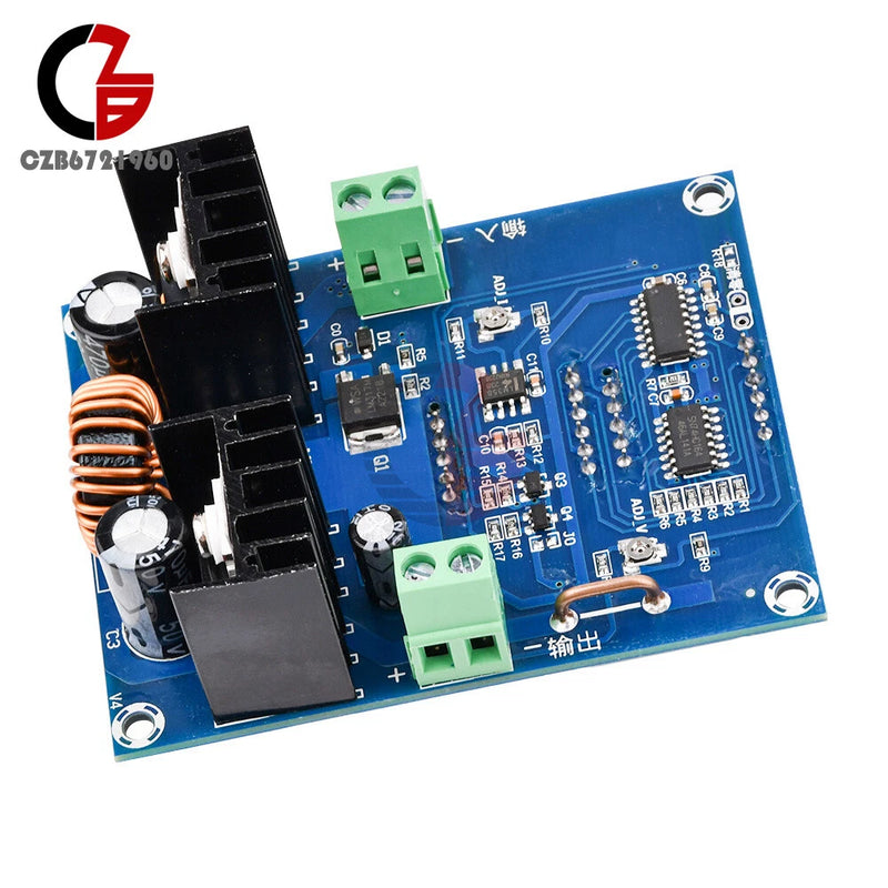 Blue XL4016 DC step-down module PCB with green terminal blocks and voltage regulator IC