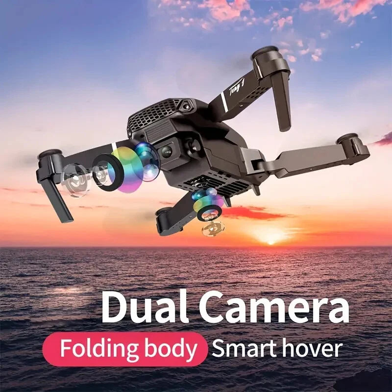 Compact foldable quadcopter drone with dual front cameras and four propellers