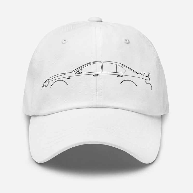 White baseball cap with front side-view car line-art graphic