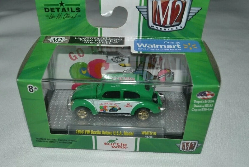 Green and white 1953 VW Beetle Deluxe die-cast toy car in retail box, M2 Machines