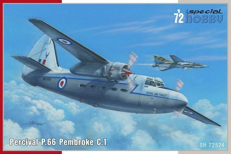 1:72 model airplane kit featuring a gray Percival P.66 jet on the box